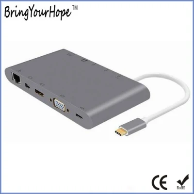 Estación de acoplamiento de tipo C a Hub/HD/VGA/RJ45 con lector de tarjetas SD/TF para MacBook (XH-HUB-008)