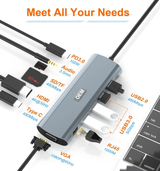 12 en 1 USB-C Hub Audio SD TF USB2.0 C Estación de acoplamiento 2 HDMI VGA RJ45 Red Gigabit Pd Type-C USB Hub